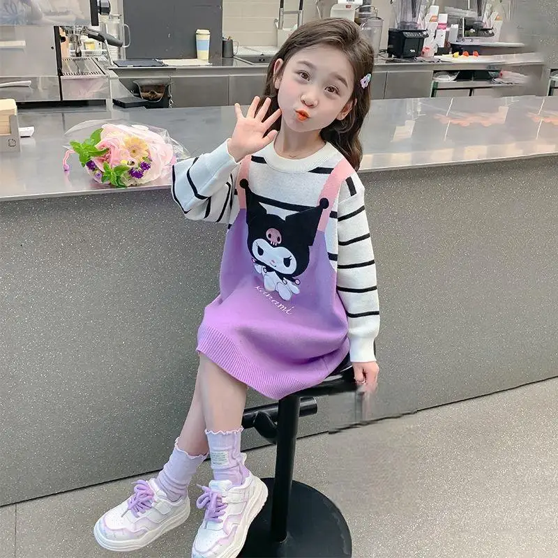 فستان أطفال من Sanrio Kuromi منسوج مزيف من قطعتين للربيع والخريف نمط جديد للأطفال سترة برسوم كارتونية على طراز الأميرة للأطفال