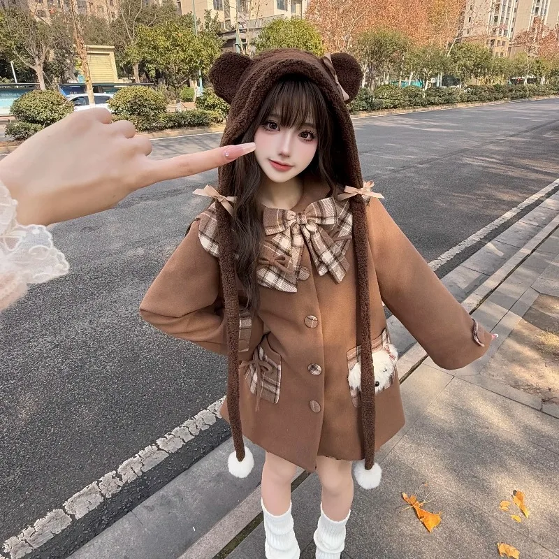 Cute Cartoon Plush Puppy Plaid Bow Doll Collar Thickened Warm Wool Coat Women Autumn Winter New Japanese Sweet Coffee Color Coat
