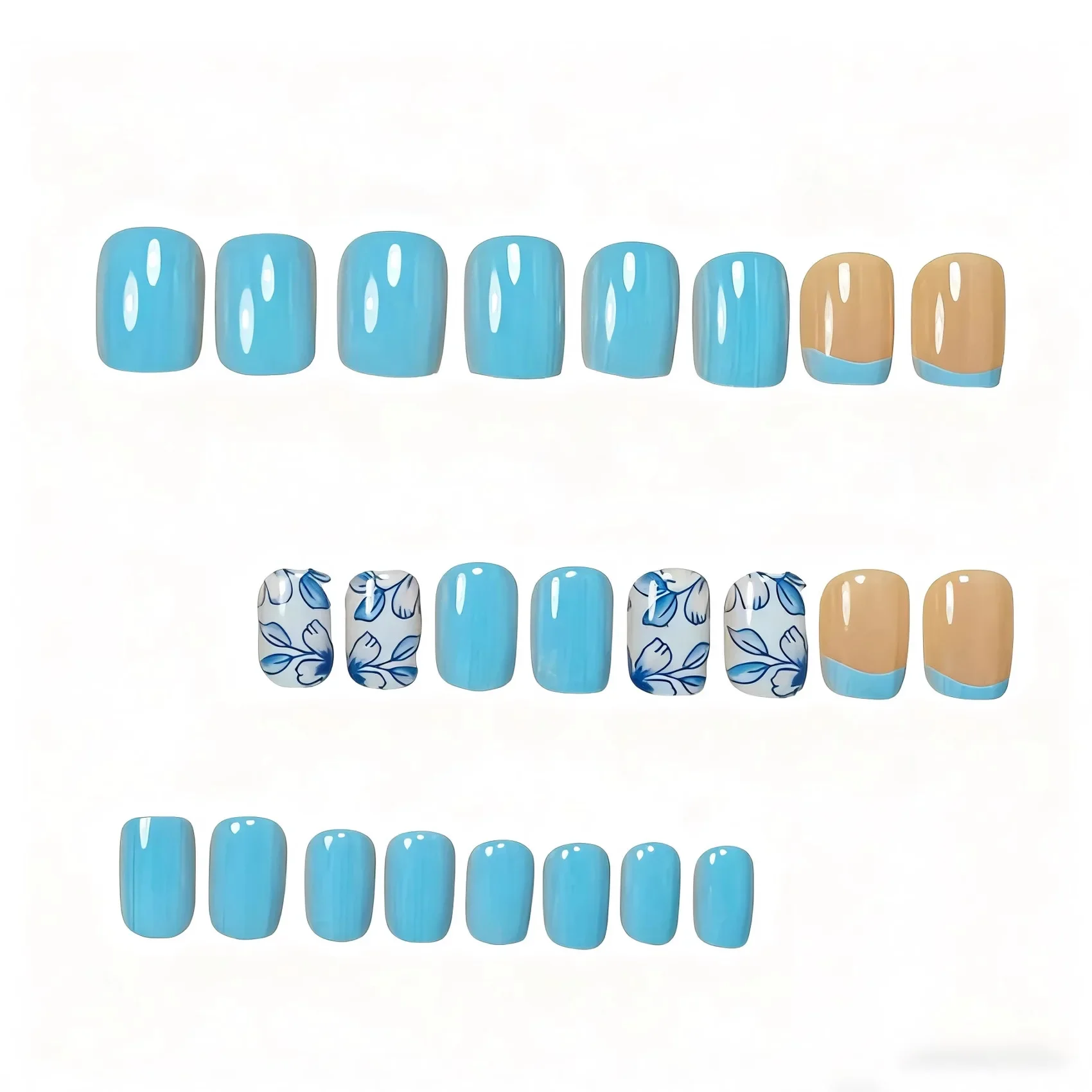 Short Square Blue And White Porcelain Floral Press On Nails Solid Sky Blue Nude Blue French Tip Glossy Full Cover Fake Nails Fresh Summer Manicure Accessories