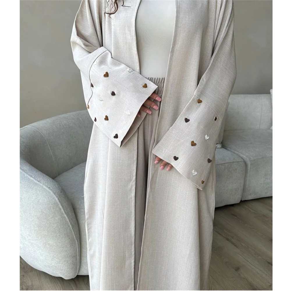 Elegant Women Muslim Love Embroidery Open Abaya Dubai Cardigan Maxi Dress Kimono Turkey Arab Robe Islam Eid Party Jalabiya Gowns