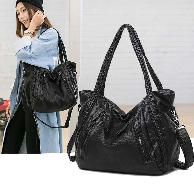 2026 New Korean-Style Women's Handbag: Trendy Casual Washed Leather Shoulder Bag, Soft Leather Large Tote for Moms