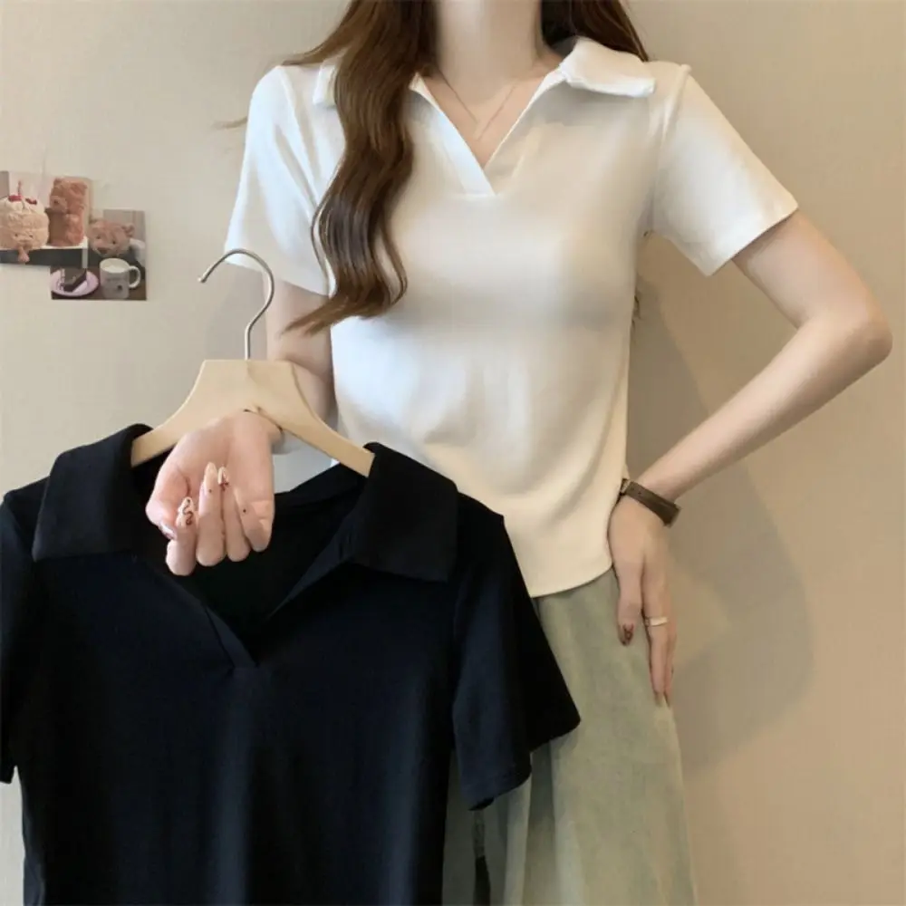 

Fashion V-neck Polo Collar T-shirt Y2K Pullover Short Sleeve Crop Top Korean Style Chic Basic Tees Shirts Women Women