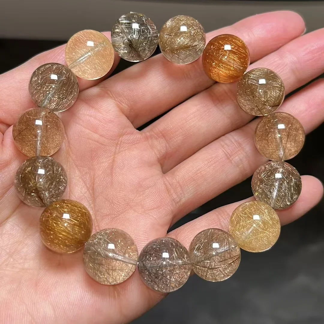 Natural Colorful Rutilated Quartz Bracelet Cat Eye Clear Round Beads 14.6mm Women Men Wealthy Colorful Rutilated AAAAA