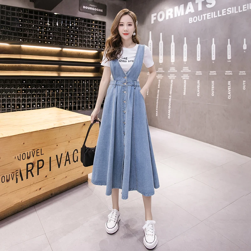 

Denim Suspender Dress Women 2022 New Spring Summer Suspender Dress Female Fashion Slim Single Breasted High Waist Long Dresses