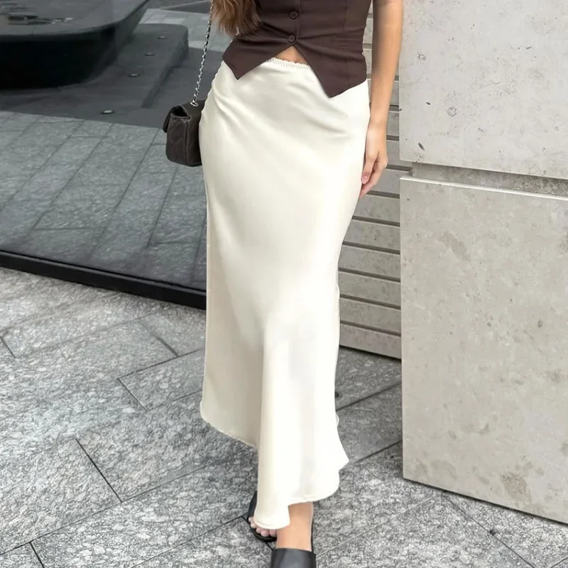 

Pop White High Waist Skirts Women's Fashion Solid Slim Patchwork Skirts Elegant Party Looks Casual Commuter Chic Maxi Skirts