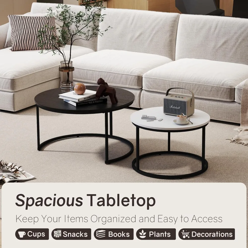 Pair of 31.5 Round Nesting Coffee Tables with Wood Grain Finish and Adjustable Non-Slip Feet