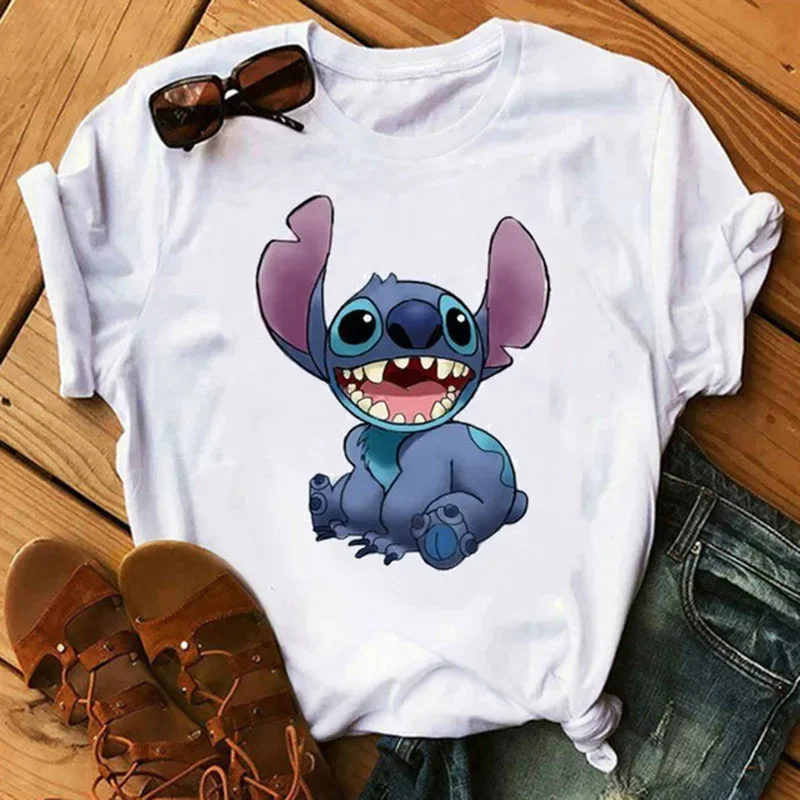 Stitch Print Round Neck Loose Couple Top Disney White Short-sleeved T-shirt 2022 Summer New Women