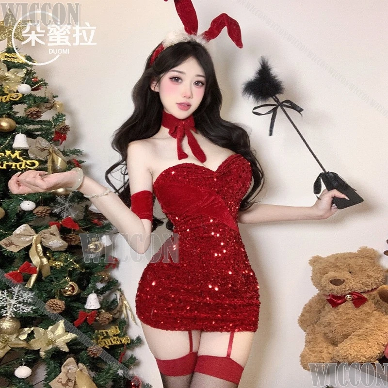 2024 Christmas Bunny Girl Cosplay Costume Red Dress Sexy Cute Women Girl Glitter Shiny Uniform Rabbit Ears Hairband Customized