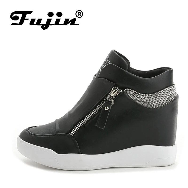 Fujin Large Size 7cm Platform Wedge Sneakers Women Boots Shoes Double Zip Leather Rhineston Fashion Sneakers Botas Hidden Heel