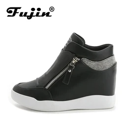 Fujin Scarpe da ginnastica con zeppa con plateau di grandi dimensioni 7 cm Stivali da donna Scarpe con doppia zip in pelle Rhineston Scarpe da ginnastica alla moda Botas Tacco nascosto