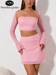 NewAsia Sweet Pink Mesh Two Pieces Set Women Sexy Backless Full Sleeve Halter Cropped Tops And Casual Slim Fit Mini Skirt Sets