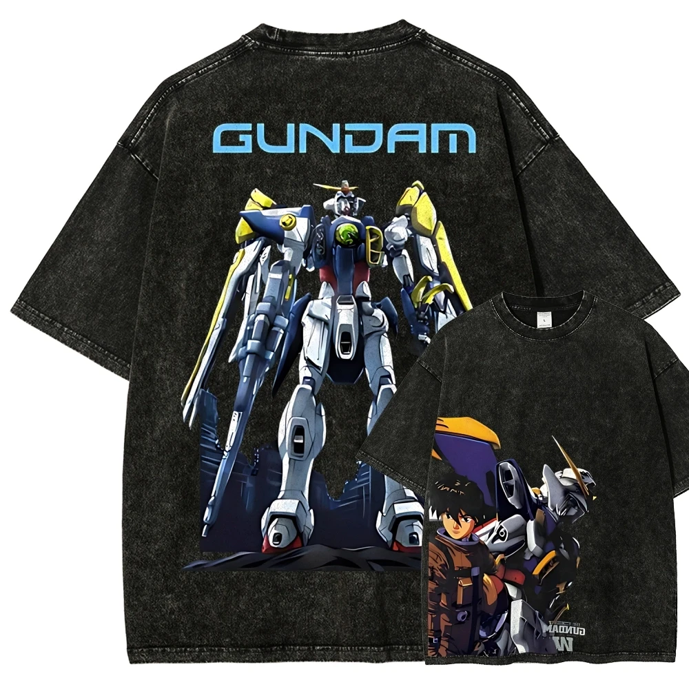 Gundam Wing T-Shirt Herren XXXG-01W Heero Yuy Vintage Acid Wash Mecha Streetwear Übergroßes Retro Japanisches Anime Grafik-T-Shirt