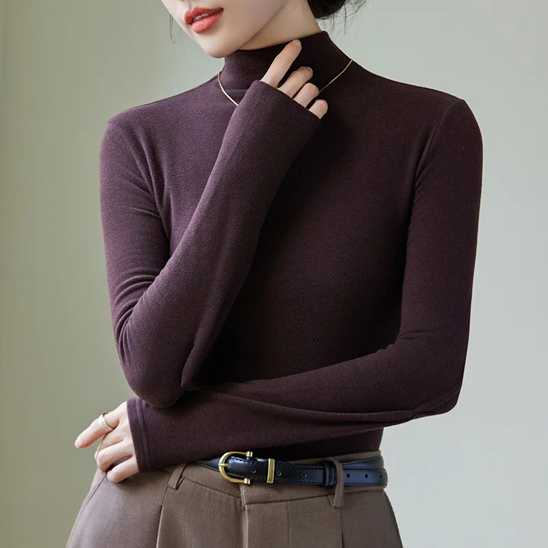 Women's T-Shirts Korea Stylish Full Sleeve Thick Warm Blouse Autumn Winter Undershirt Basic Layer Tops Slim Female Outwear C5823 image 3