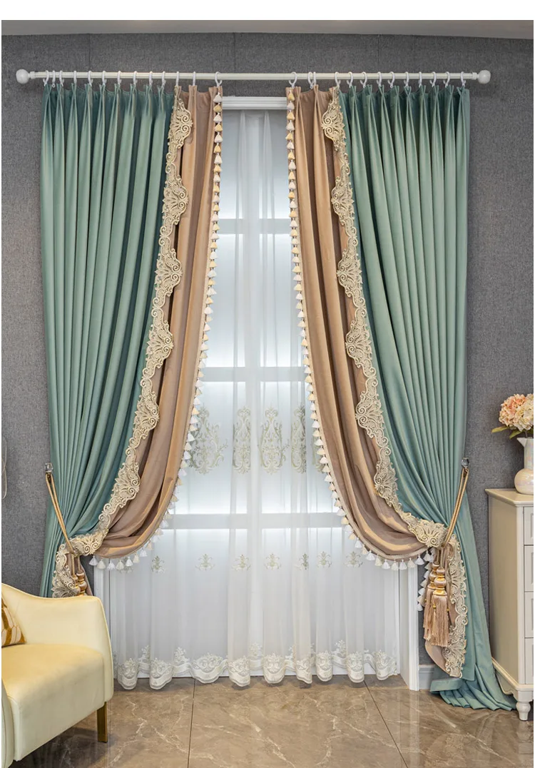 Custom French flannelette window screen bedroom living room green velvet cloth blackout curtain tulle drape C1840