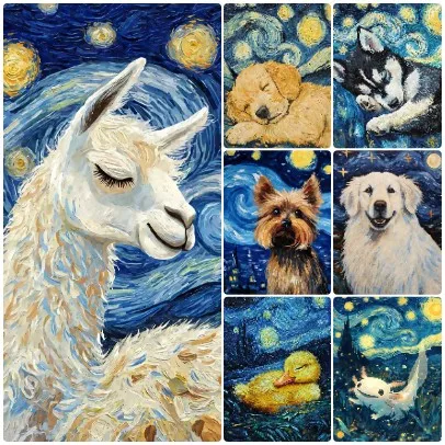 

Van Gogh Starry Night Cute Alpaca & Dog Jigsaw Puzzle, Modified Classic Swirl Sky Pet Oil Painting Home Wall Decor