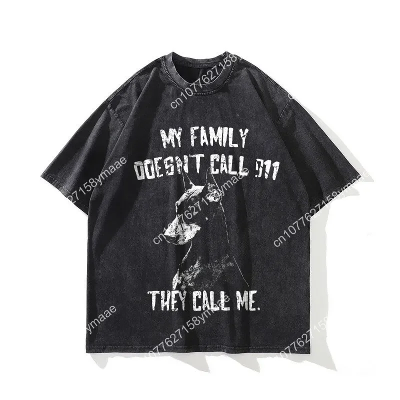 Doberman T-shirts Oversized Vintage Washed Hip Hop High Street T Shirt Retro Cute Dog DTG Printing Short Sleeve Tops Tees Cotton