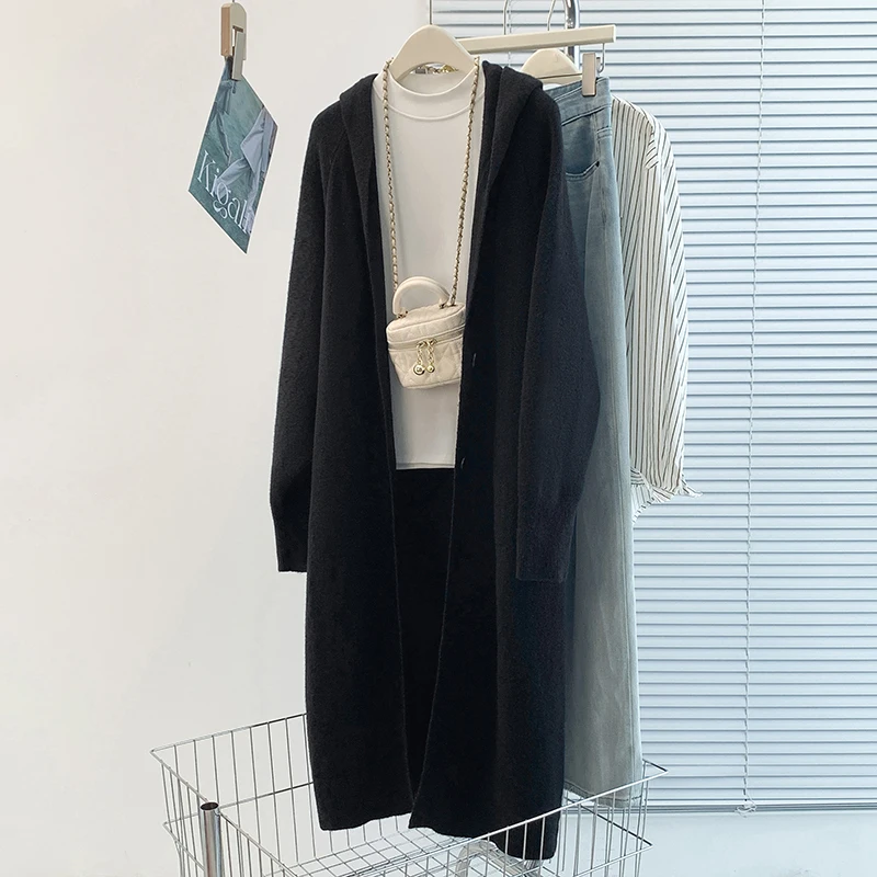 Spring Autumn New Korean Style Long Slimming  Color Versatile Hooded Open Cardigan Sweater Windbreaker Coat for Women