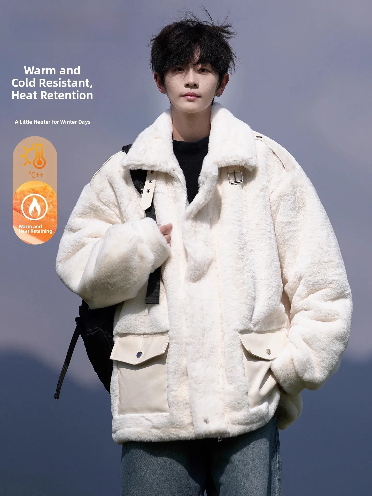 Genio Lamode masculino Thiened solto algodão Jaet cordeiro veludo pele de coelho simulação casaco de inverno quente juventude casual faion