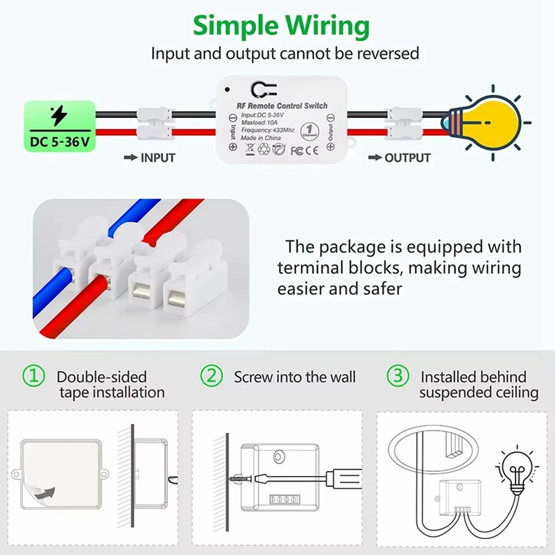 Top-433Mhz Wireless Remote Control Switch DC 6V 12V 24V 30V 36V 10A Mini RF Relay Receiver For Pumps Light LED Fan