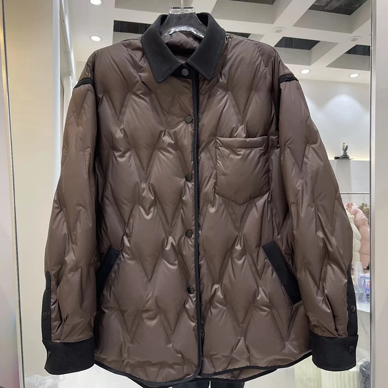 Hiver léger revers doudoune femmes 90% blanc canard doudoune femme Patchwork chaud simple boutonnage Parker outwear