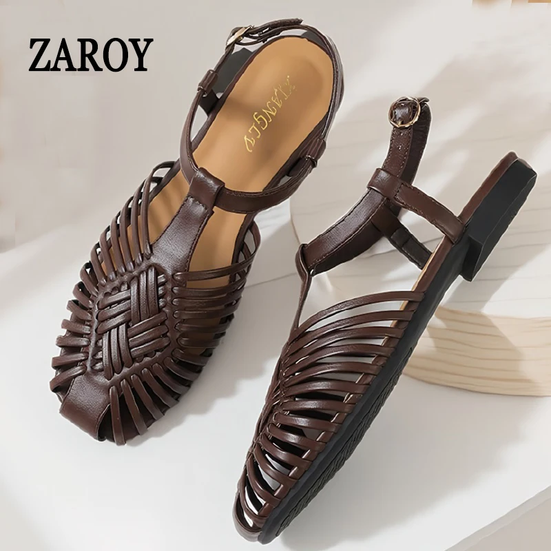

Летние женские сандалии-гладиаторы ZAROY на плоской подошве с узким ремешком на щиколотке, в римском стиле, повседневные, для пляжного отдыха, с вырезами, большие размеры