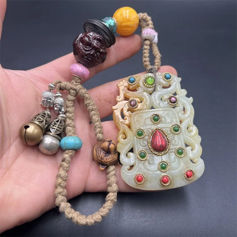 Tibetan Style Xiuyan Jade Bi Disc Hollow Carved Double Dragon Gemstone Inlaid Ornament Vintage Handheld Piece Antique Collect