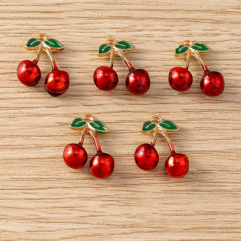 5pcs 14x14mm Cute Enamel Fruit Cherry Charms Pendants for Jewelry Making Drop Earrings Necklaces Bracelets DIY Craft Accessories
