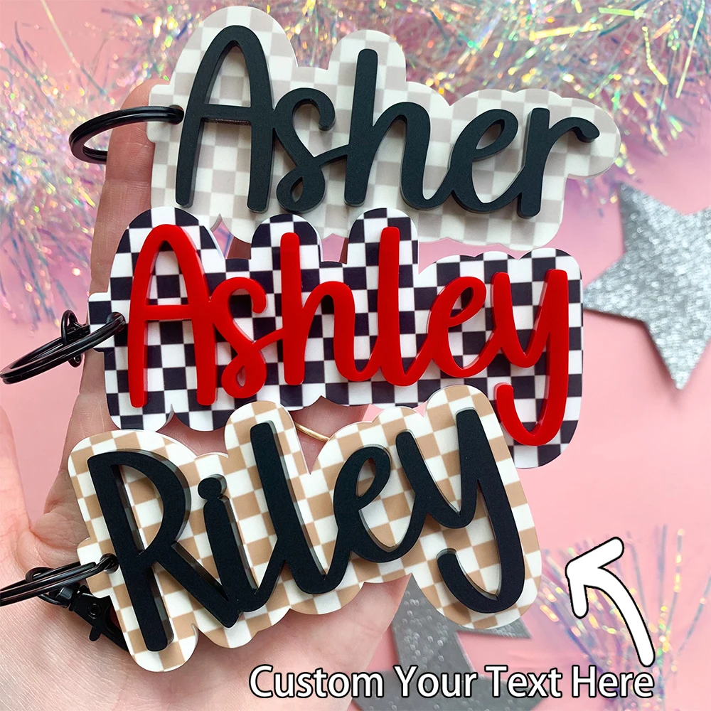 Neutral Checkered Acrylic Name Keychain Bag Tag Custom Name Tag