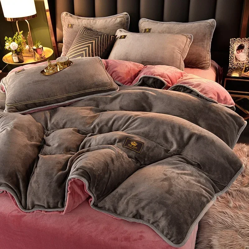 

Solid Color Double-sided Warm Plus Velvet Quilt Cover Flannel Bed Milk Velvet Four-piece Thickened Winter Coral Fleece Sheets