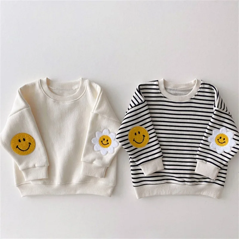 

2024 Winter New Baby Long Sleeve Fleece Sweatshirt Cartoon Print Infant Thick Warm Pullover Toddler Boy Girl Striped Casual Tops