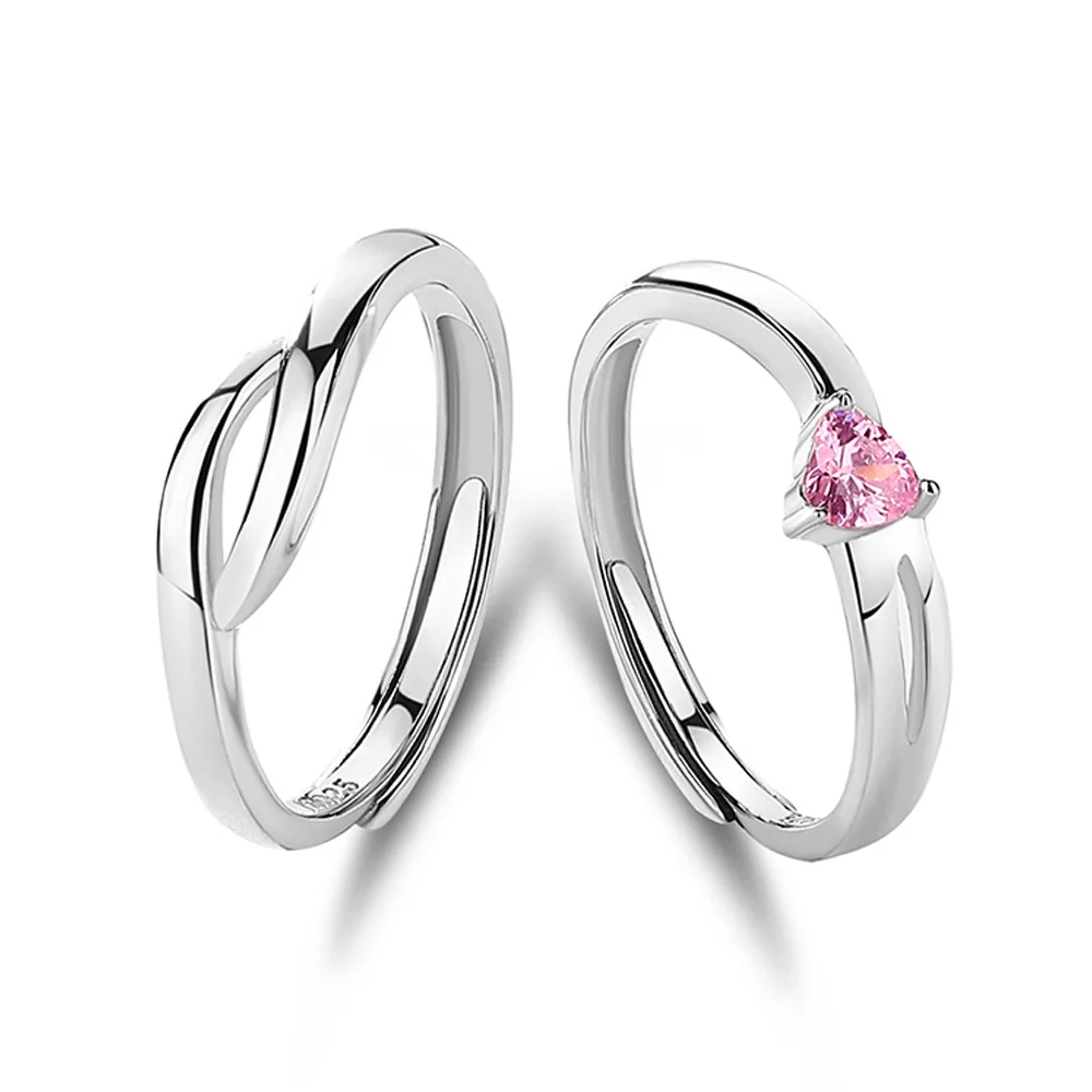 Heart-to-Heart S925 Silver Couple Ring Men's and Women's Premium Light Luxury Sweet Pink Love Diamond Ring Valentine's Day Gift