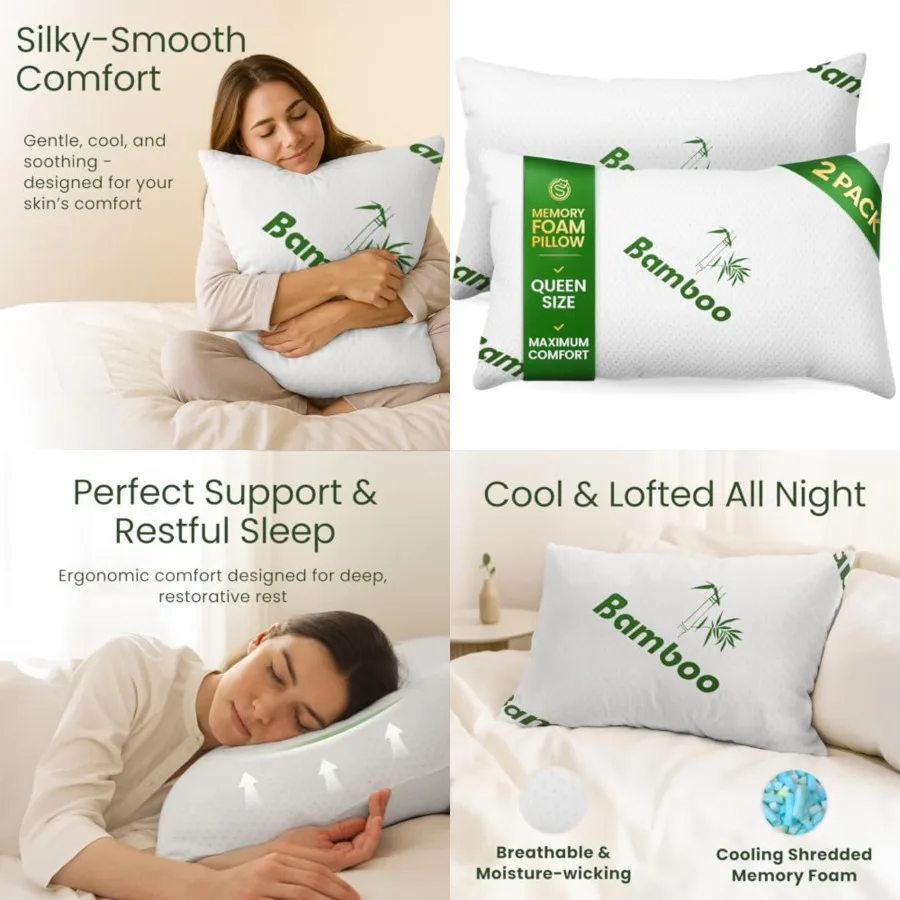 

Memory Foam Pillows Size Set of Cooling Bed Pillows for Sleeping Back, Stomach, Side Sleeper Firm, Comfy Cool Shredded - Pack,