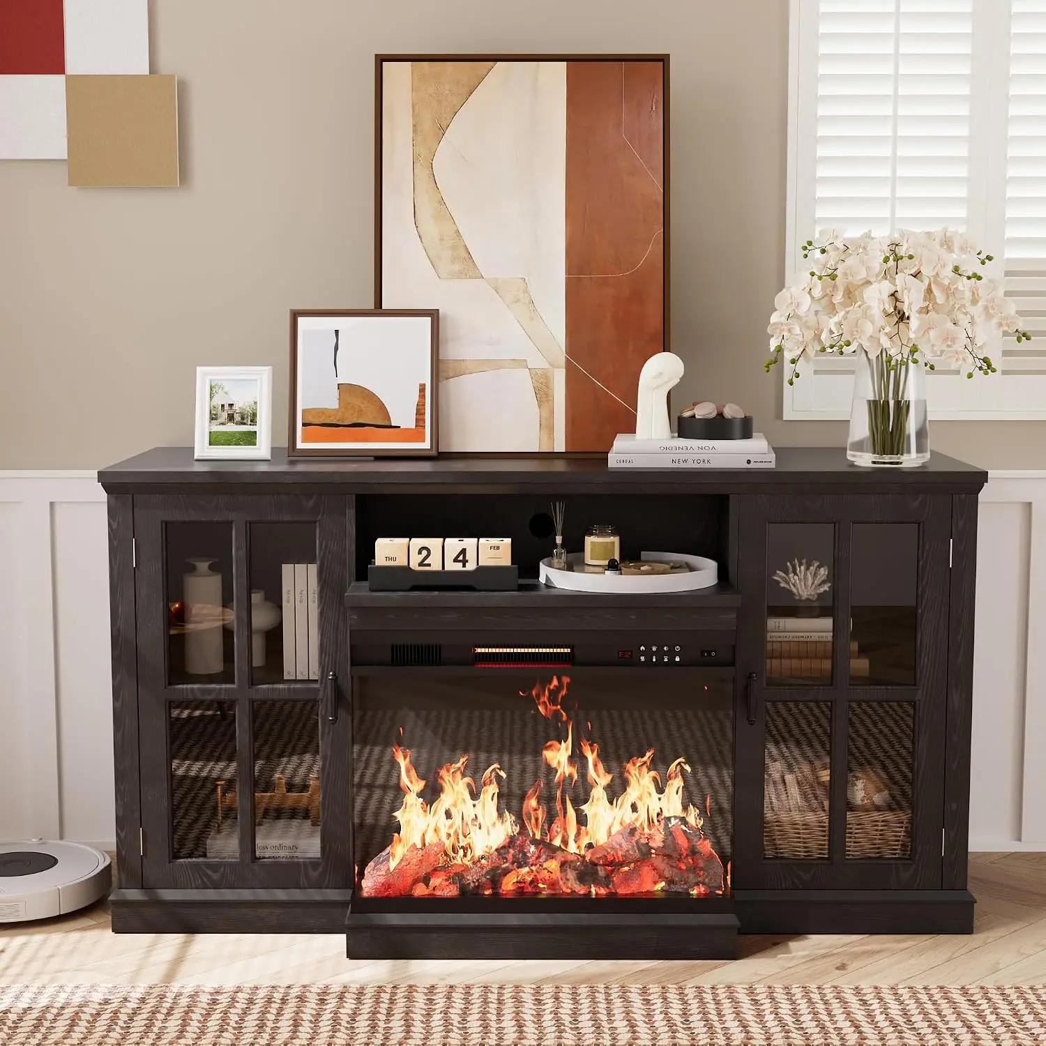 3-Sided Glass Fireplace TV Stand with Adjustable LED Flame & Storage for Living Room, 65 Inch, Black, Customized