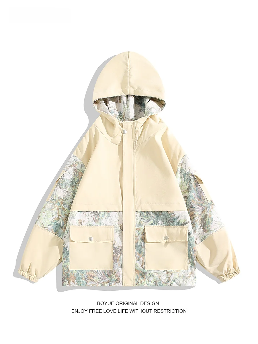 

Мужская куртка Boyue с капюшоном, осенне-зимняя, модная, с небольшим дизайнерским акцентом, цветочная вышивка, крупные элементы, комбинированная верхняя одежда