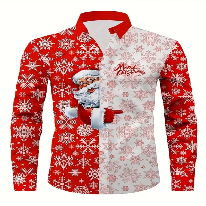 

Christmas Men's Santa Claus 3D Cartoon Smiley Face Shirt, Button-Down Long Sleeve Fun Autumn Collar 3D Print Shirt