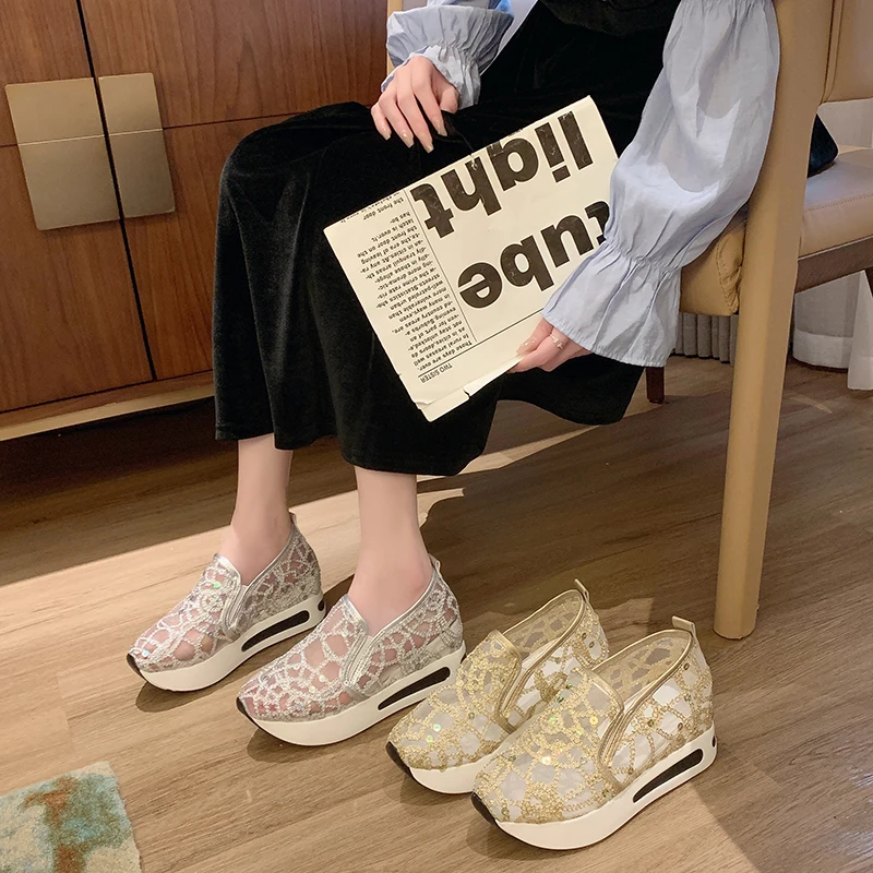 Summer Women\'s Platform Sneakers Shiny Gold Floral Embroidery Mesh Sneakers for Women Slip on Casual Comfy Heeled Shoes Woman