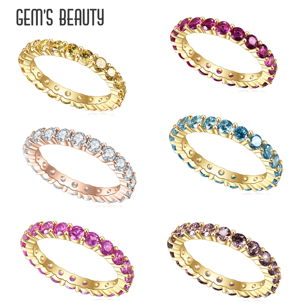 GEM'S BEAUTY Retro 14K Gold 925 Sterling Silver Eternity Rings For Women Round Paraiba Simulant Diamond Handmade Infinity Rings