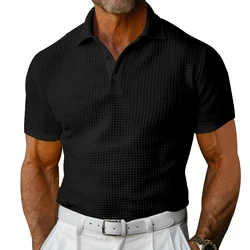 2024 Summer Men's Solid Color Polo Shirt Short SleeveRoll-neck Button-down T-shirt Men's Casual Streetwear Lightweight Gym Top