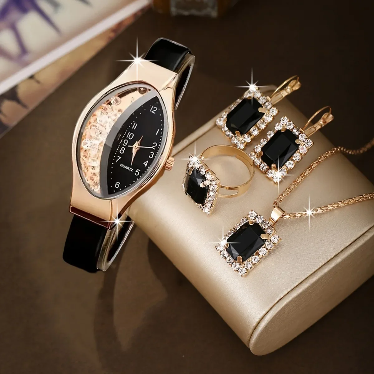 

Элегантный женский комплект часов и украшений из 5 предметов, роскошные наручные часы с кожаным ремешком и стразами, часы для девочек, подарок (без коробки)