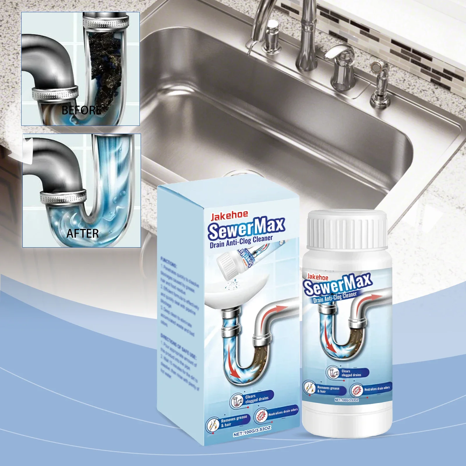 100gAnti-Clog Drain Cleaner Fast-Acting Hair & Grease Dissolver Safe for Pipes Kitchen Bathroom Septic Professional Eco-Friendly