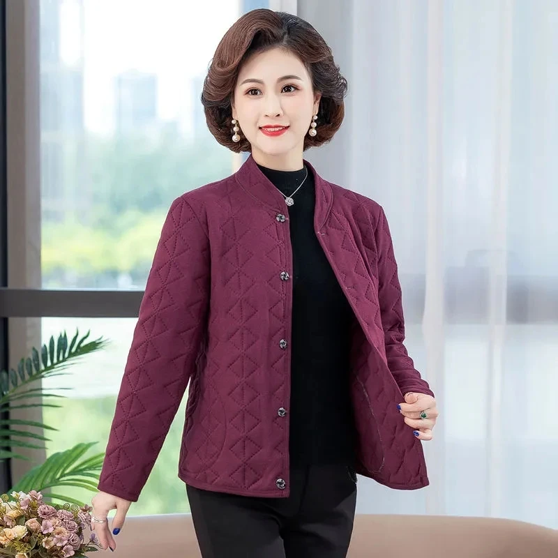 

Middle Aged Mother's Short Jacket Autumn Winter Slim Long Sleeved Cotton Coat Single Breasted Solid Color Warm Women's Tops