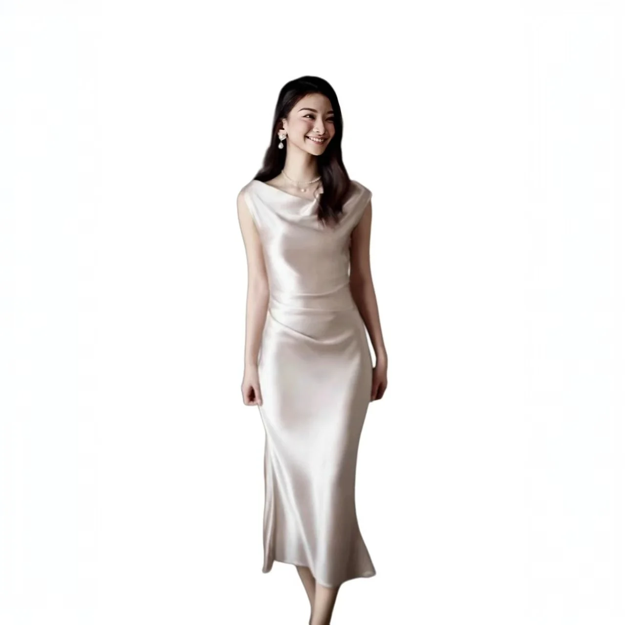 Champagne Gold Satin  Dr Evening Gown oulder Bared Wedding Performance Host Skirt High Waist Polyester Fiber