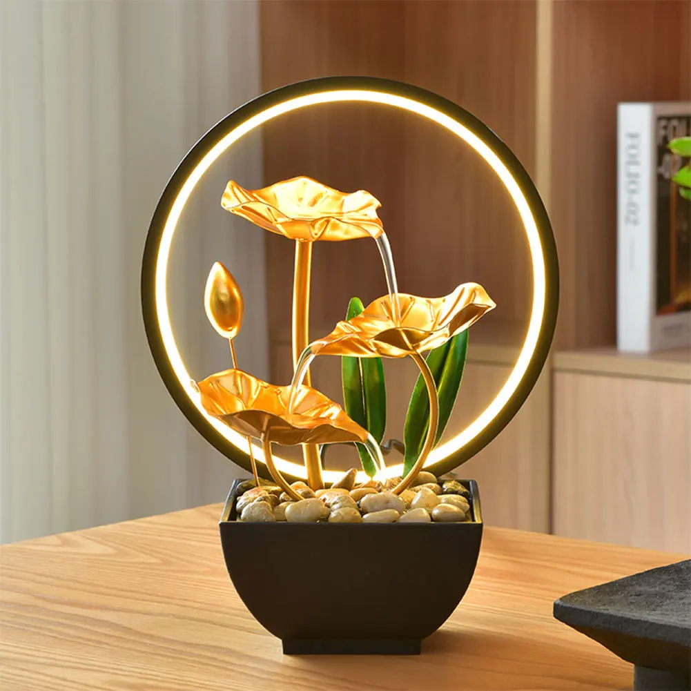 

3-Tier Lotus Leaf Flowing Water Fountain with Natural Rocks & LED Ring Light Small Waterfall Fountain Metal Home Desk Decoration