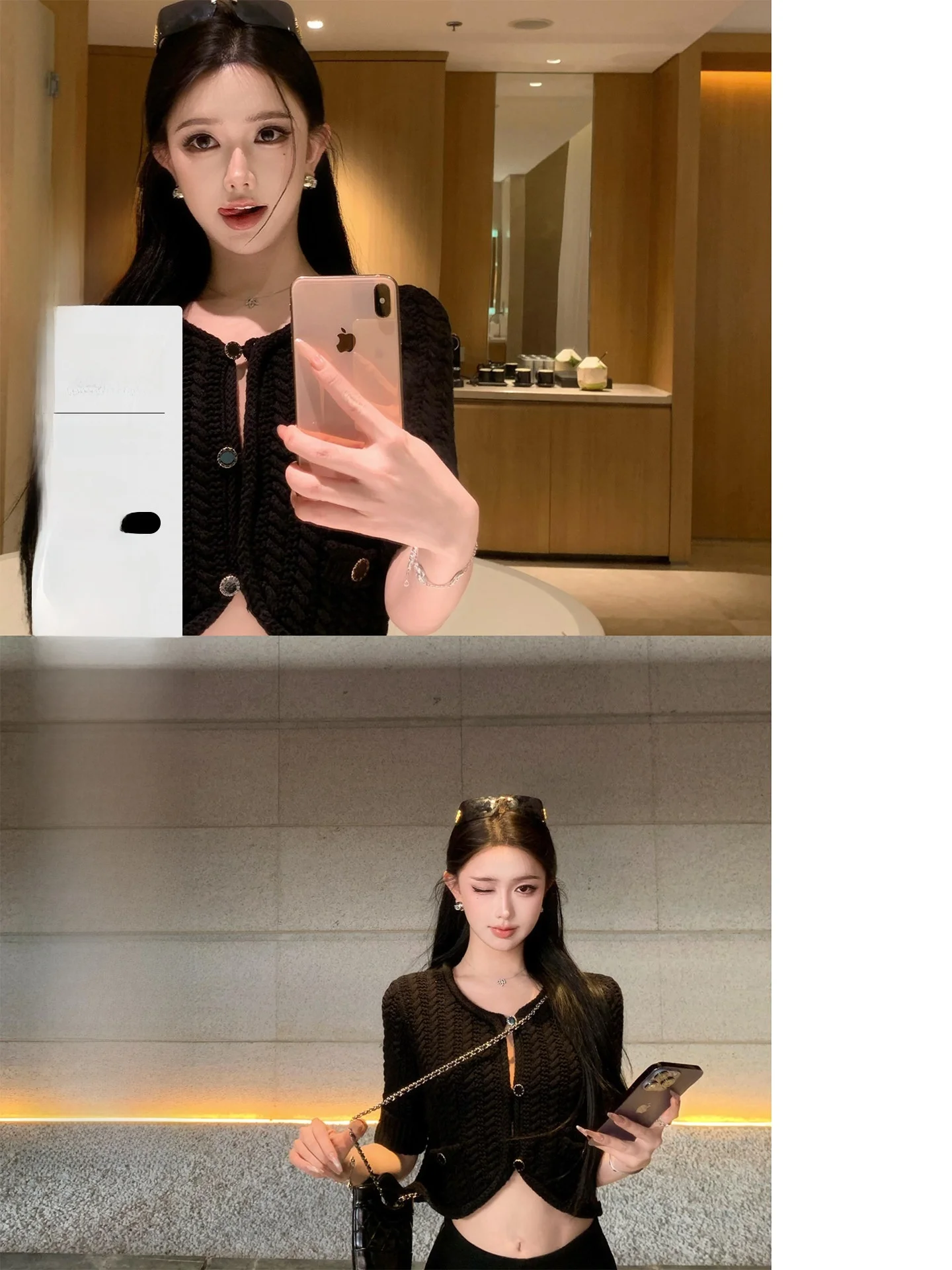 

JAYKY YANG Pure Cotton Knitted Cardigan round Neck Button Pocket mid Sleeve Casual Style Chinese Made Women's Fashion Top