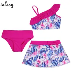 3Pcs Swimsuit Girls Oblique Cut Out Shoulder Swimwear Beachwear Crop Tops with Bikini Briefs and Skirts Tankini Bathing Suit