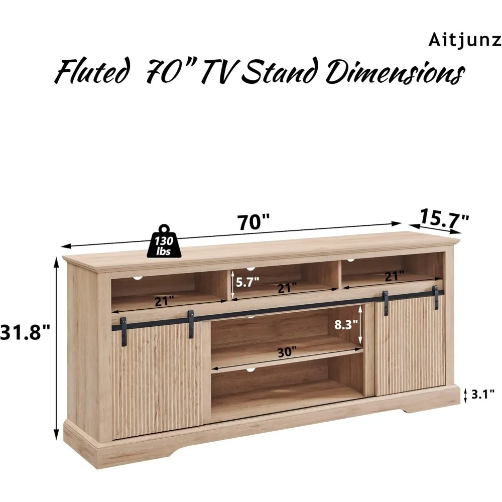 Recessed TV Cabinet, Living Room Media Console Cabinet with Storage, Speakers, and Adjustable Shelves, 70-Inch (Natural)