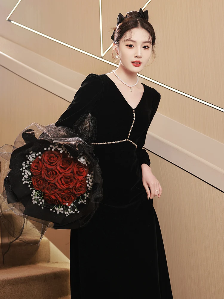 

Вечернее бархатное платье больших размеров для женщин с высокой талией, юбкой А-силуэта, длинными рукавами и глубоким V-образным вырезом, для выступлений и мероприятий