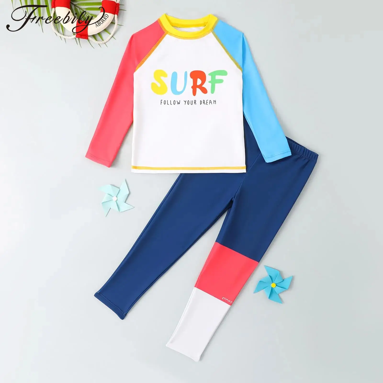 Kids Boys Sun Protection Swimsuit UPF 50+ Rash Guard Long Sleeve Color Block Shirt Tops with Pants Beach Swim Wear for Diving