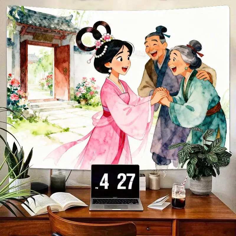 

1 шт., китайский семейный гобелен Hanfu Girl & Loving, акварельное азиатское эстетическое настенное искусство, декор Happy Reunion для гостиной, спальни