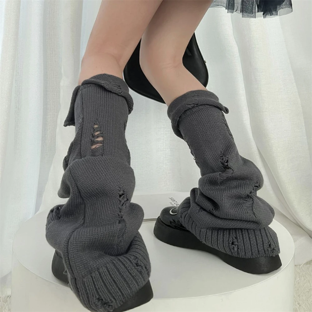 

Japanese Elastic Knitted Leg Warmer Women's Solid Color Flip Ripped Hole Legwarmers Y2K Loose Wide Leg Flared Mid Calf Socks